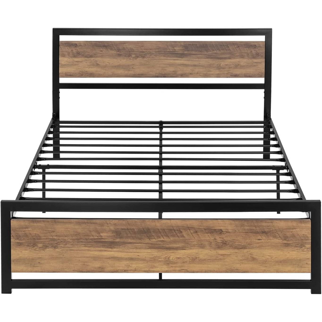 Bedroom > Bed Frames > Platform Beds - Queen Metal Platform Bed Frame With Brown Wood Panel Headboard And Footboard