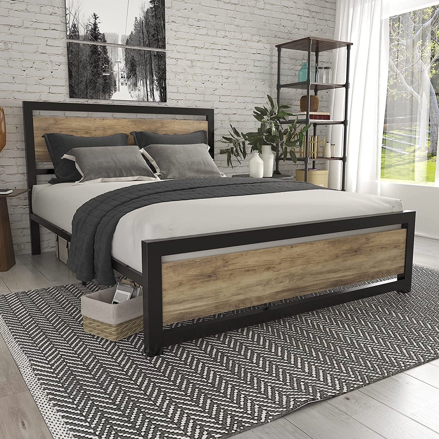 Bedroom > Bed Frames > Platform Beds - Queen Metal Platform Bed Frame With Brown Wood Panel Headboard And Footboard