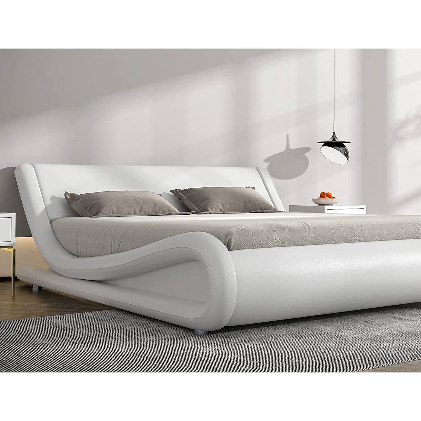 Bedroom > Bed Frames > Platform Beds - Queen Modern White Faux Leather Upholstered Platform Bed Frame With Headboard