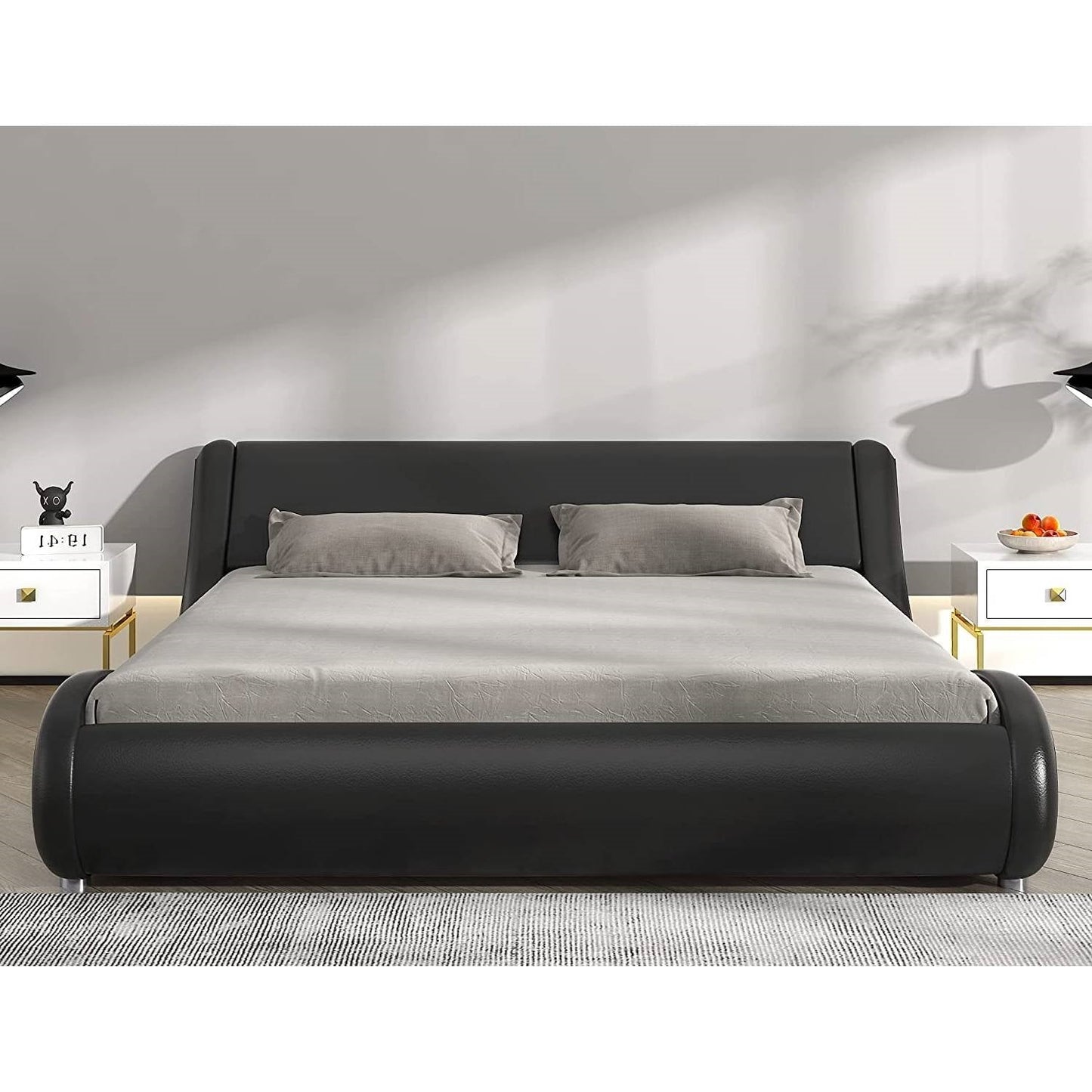 Bedroom > Bed Frames > Platform Beds - Queen Modern Black Faux Leather Upholstered Platform Bed Frame With Headboard