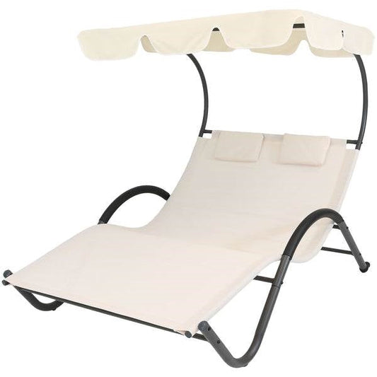 Outdoor > Outdoor Furniture > Outdoor Patio Chaise Lounge Chairs - 2 Person Off White Outdoor Patio Chaise Lounger Chair Canopy Bed With Pillows