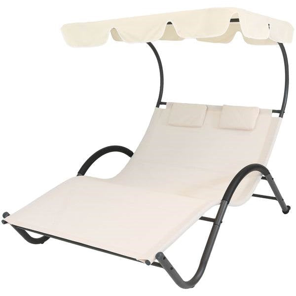 2 Person Off White Outdoor Patio Chaise Lounger Chair Canopy Bed with Pillows-Novel Home