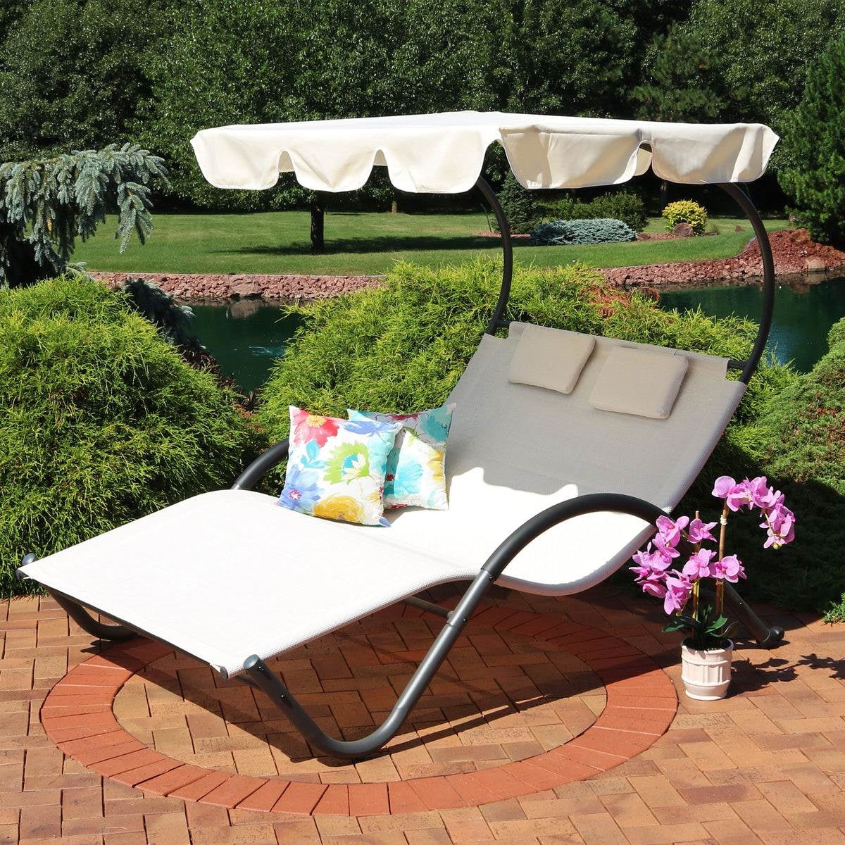 2 Person Off White Outdoor Patio Chaise Lounger Chair Canopy Bed with Pillows-Novel Home