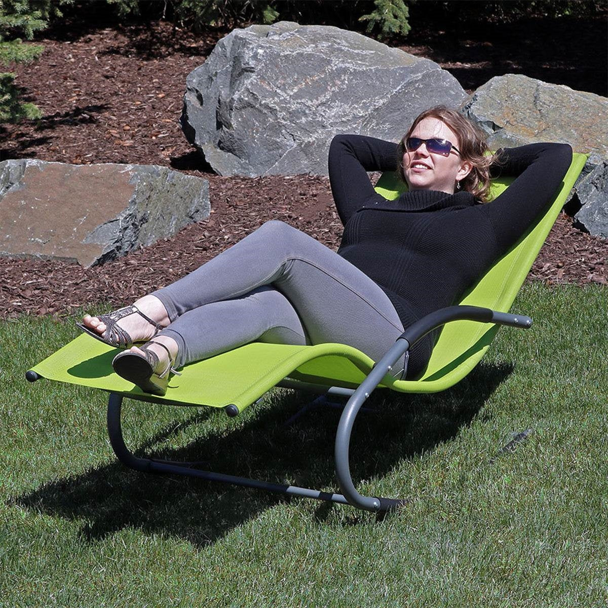 Outdoor > Outdoor Furniture > Patio Chairs - Modern Green Rocking Chaise Lounge Chair Patio Lounger With Pillow