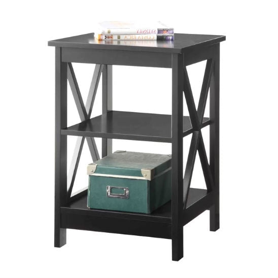 Bedroom > Nightstand And Dressers - Black Wood X-Design End Table Nightstand With 3 Open Shelves
