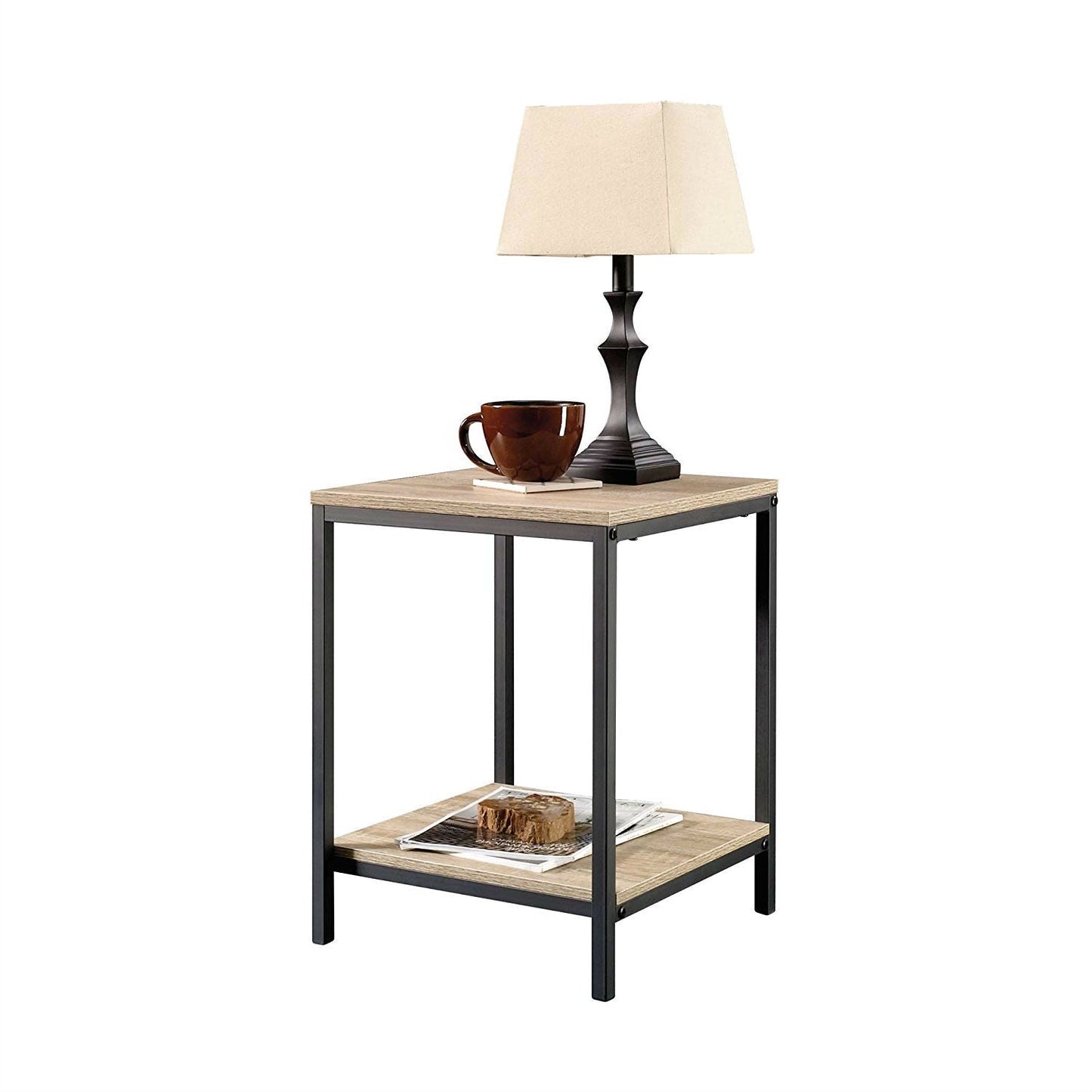 Bedroom > Nightstand And Dressers - Modern Black Metal Frame End Table With Oak Finish Wood Top And Bottom Shelf