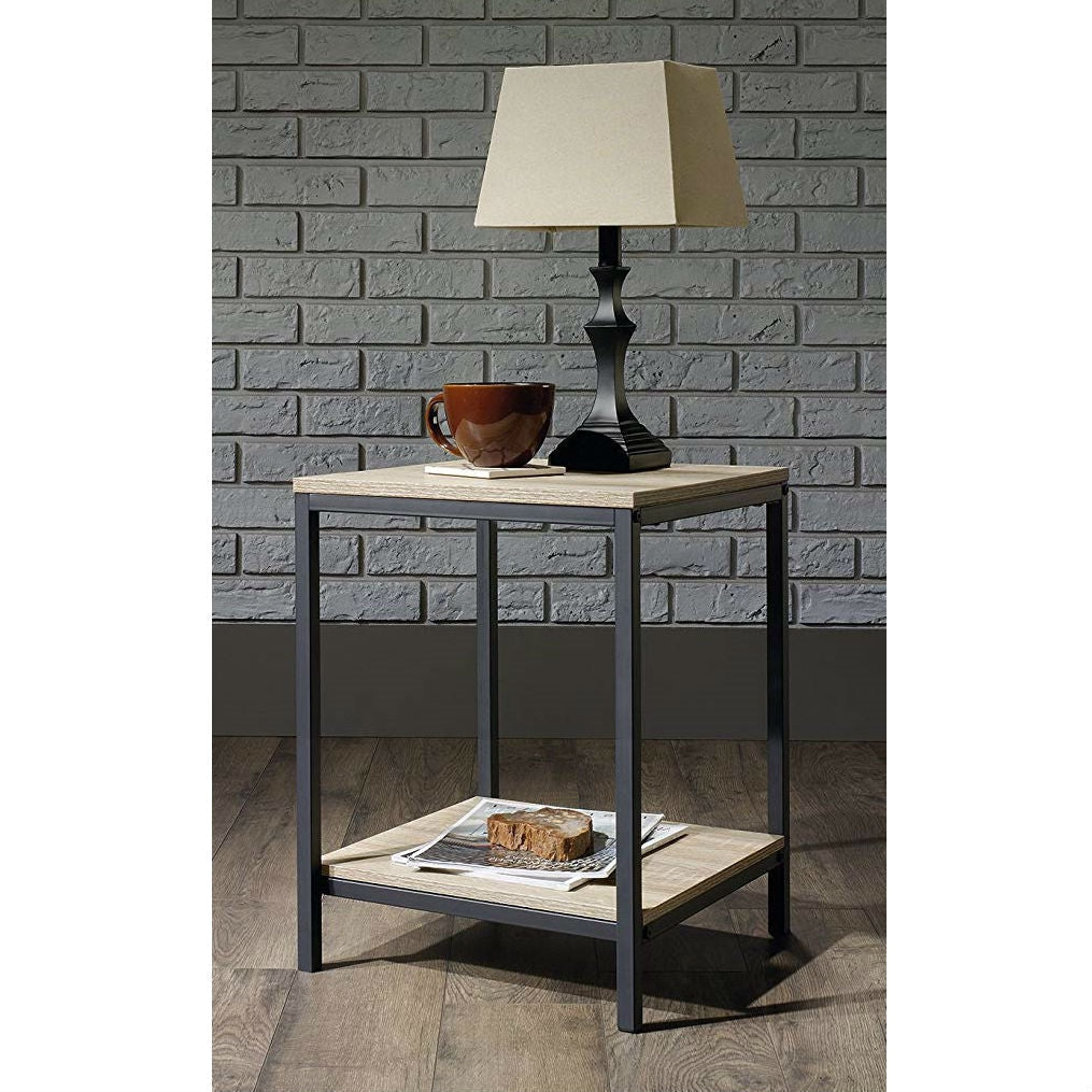 Bedroom > Nightstand And Dressers - Modern Black Metal Frame End Table With Oak Finish Wood Top And Bottom Shelf