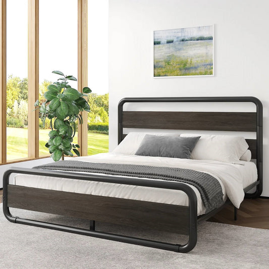 Bedroom > Bed Frames > Platform Beds - Full Heavy Duty Round Metal Frame Platform Bed With Black Wood Panel Headboard