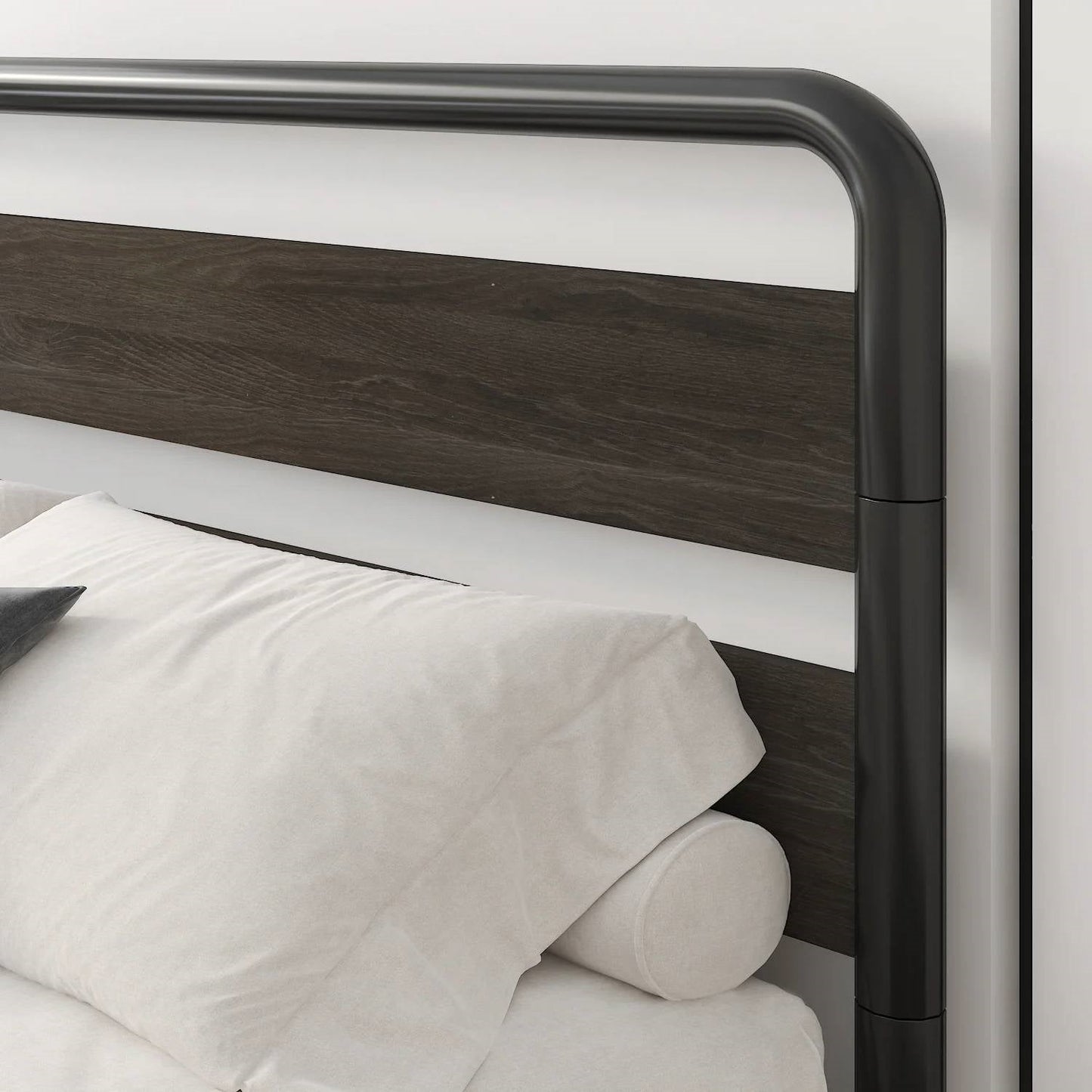 Bedroom > Bed Frames > Platform Beds - Full Heavy Duty Round Metal Frame Platform Bed With Black Wood Panel Headboard