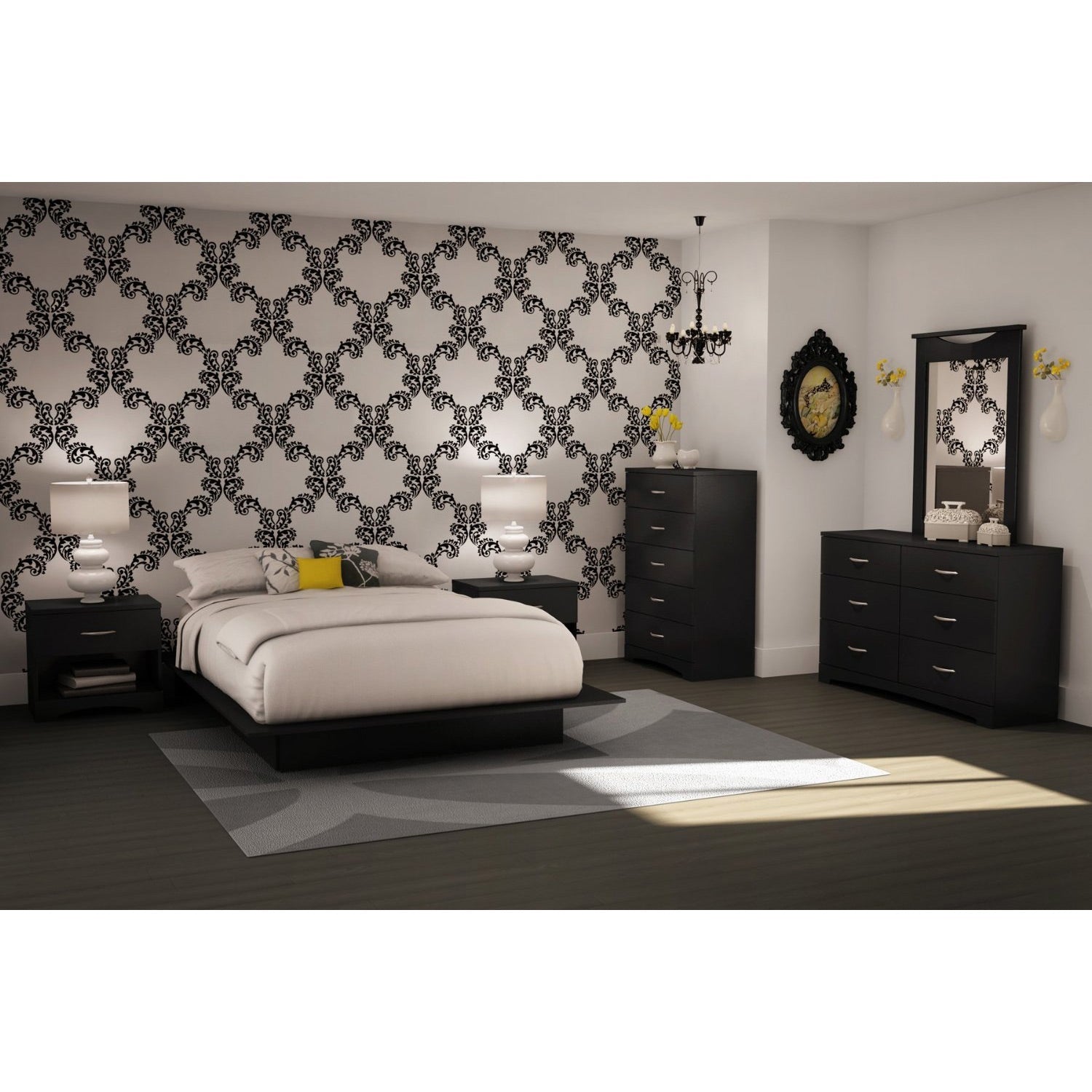 Bedroom > Nightstand And Dressers - Modern 5-Drawer Bedroom Chest In Black Wood Finish