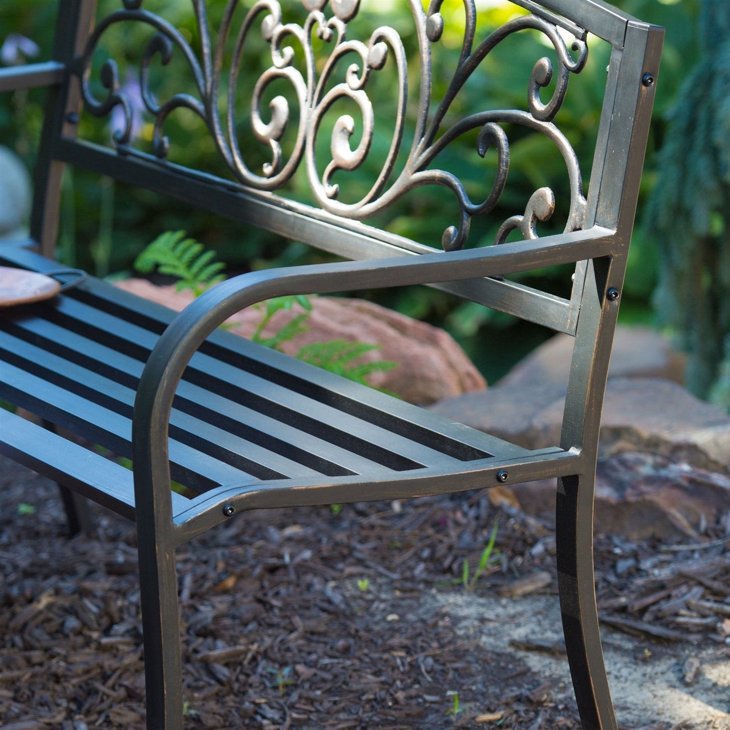 Outdoor > Outdoor Furniture > Garden Benches - Curved Metal Garden Bench With Heart Pattern In Black Antique Bronze Finish