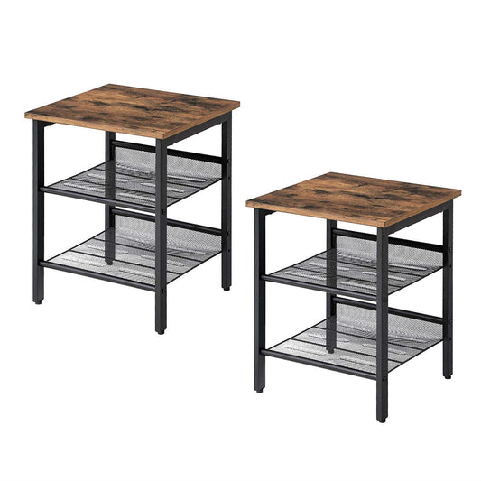 Bedroom > Nightstand And Dressers - Set Of 2 Side Table Nightstand With Medium Wood Finish Top And Mesh Shelves