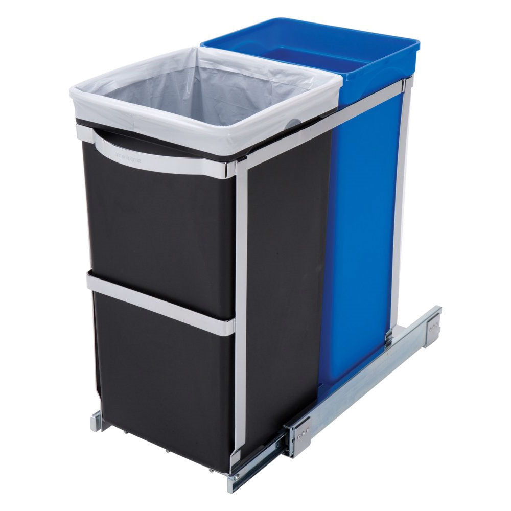 Kitchen > Trash Cans & Recycle Bins - Pull Out Blue Recycle Bin Black Trash Can Slides Under Kitchen Counter