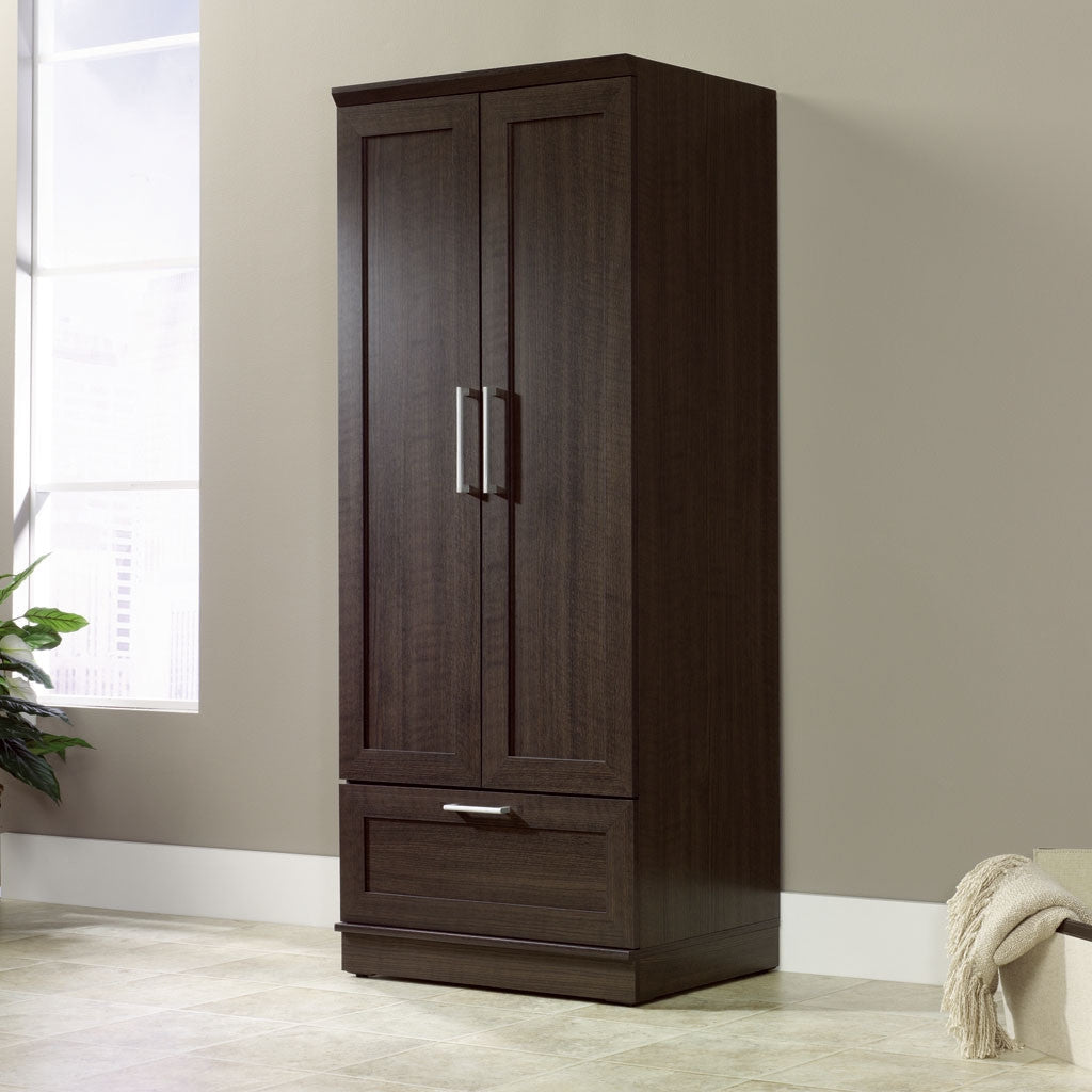 Bedroom > Wardrobe & Armoire - Dark Brown Wood Wardrobe Cabinet Armoire With Garment Rod