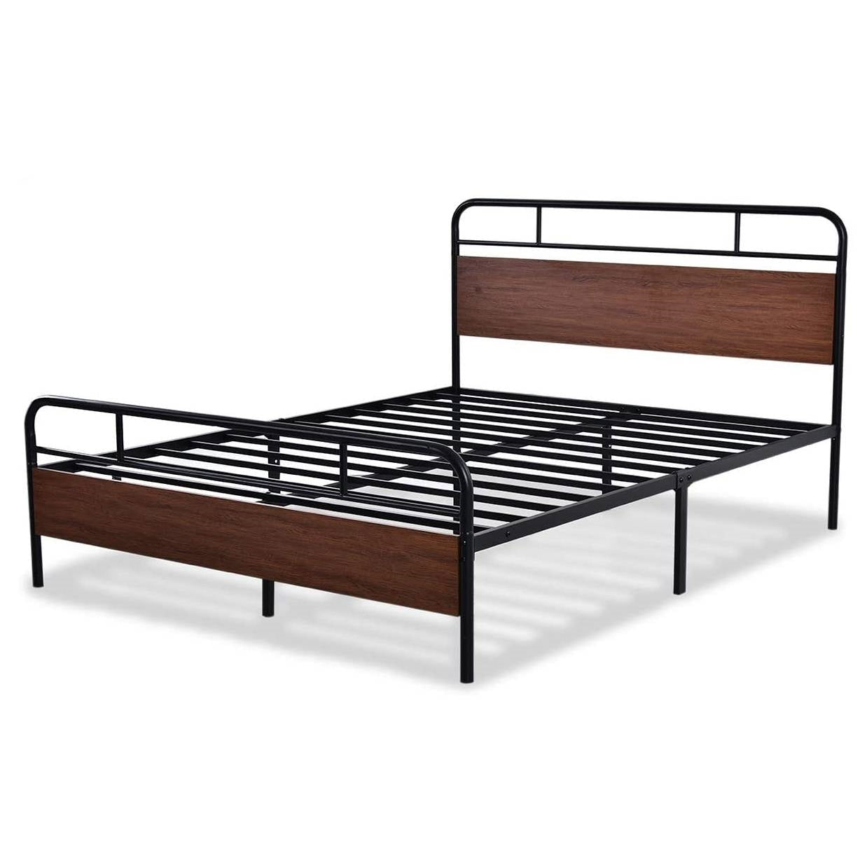 Bedroom > Bed Frames > Platform Beds - Queen Size Industrial Metal Wood Platform Bed Frame With Headboard And Footboard