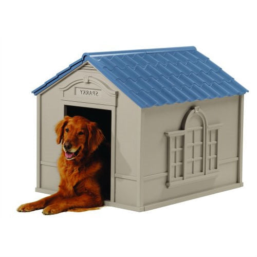 Outdoor > Dog House & Cat Houses - Outdoor Dog House In Taupe And Blue Roof Durable Resin - For Dogs Up To 100 Lbs