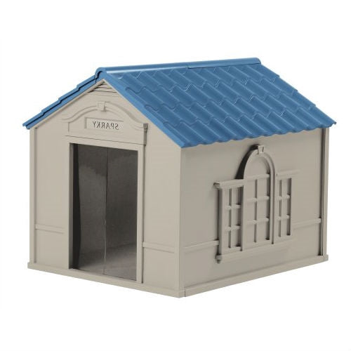 Outdoor > Dog House & Cat Houses - Outdoor Dog House In Taupe And Blue Roof Durable Resin - For Dogs Up To 100 Lbs