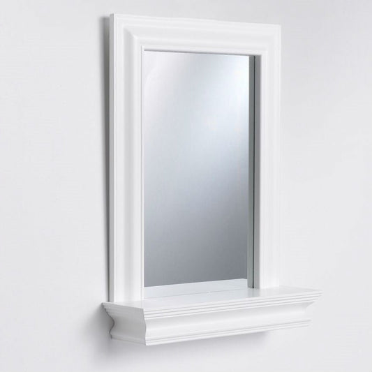 Bathroom > Bathroom Mirrors - Framed Bathroom Mirror Rectangular Shape With Bottom Shelf In White Wood Finish