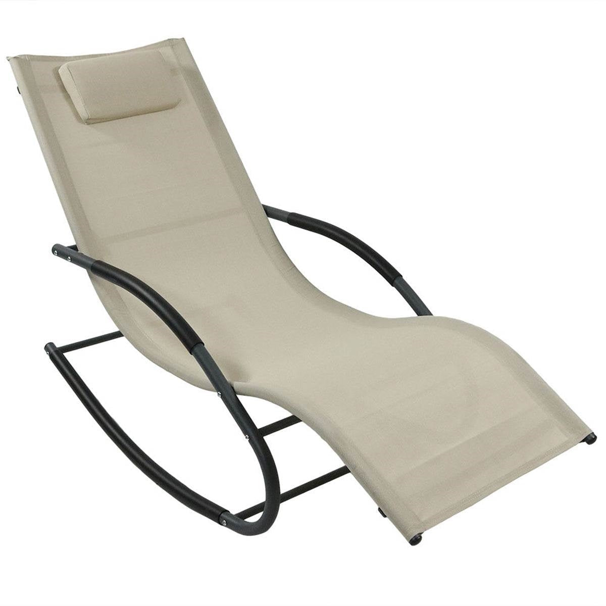 Outdoor > Outdoor Furniture > Patio Chairs - Modern Beige Rocking Chaise Lounger Patio Lounge Chair With Pillow