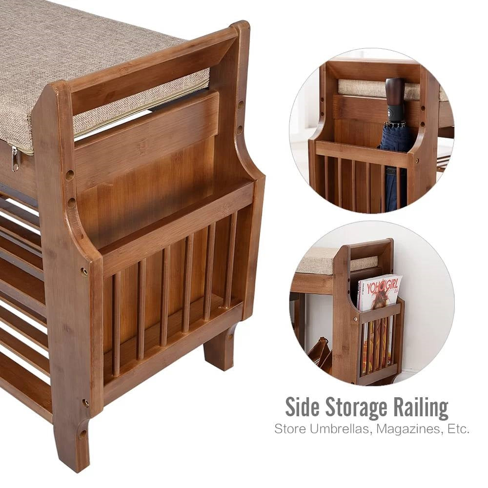 Accents > Shoe Racks - Solid Wood Entryway Shoe Rack Storage Bench With Cushioned Seat 2 Shelves And Drawer
