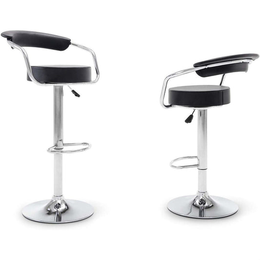 Dining > Barstools - Set Of 2 Modern Bar Stools With Black Faux Leather Round Seat With Footrest