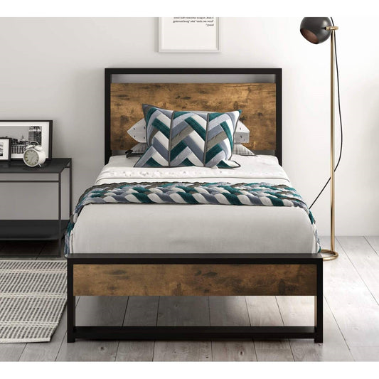Bedroom > Bed Frames > Platform Beds - Twin Size Metal Wood Platform Bed Frame With Industrial Headboard