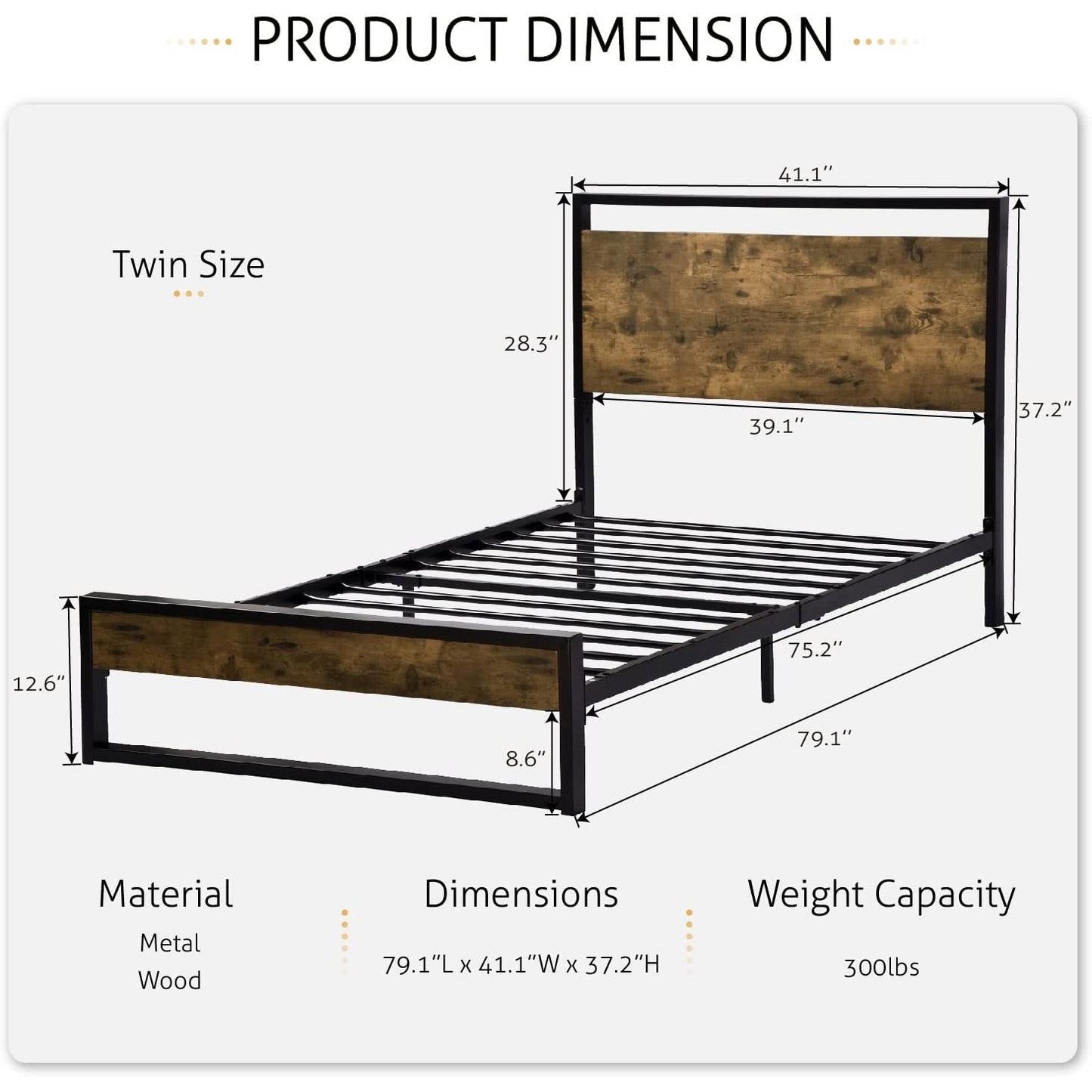 Bedroom > Bed Frames > Platform Beds - Twin Size Metal Wood Platform Bed Frame With Industrial Headboard