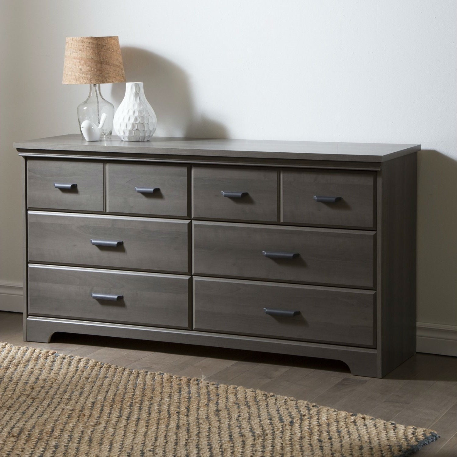 Bedroom > Nightstand And Dressers - Bedroom 6-Drawer Double Dresser Wardrobe Cabinet In Grey Maple Finish