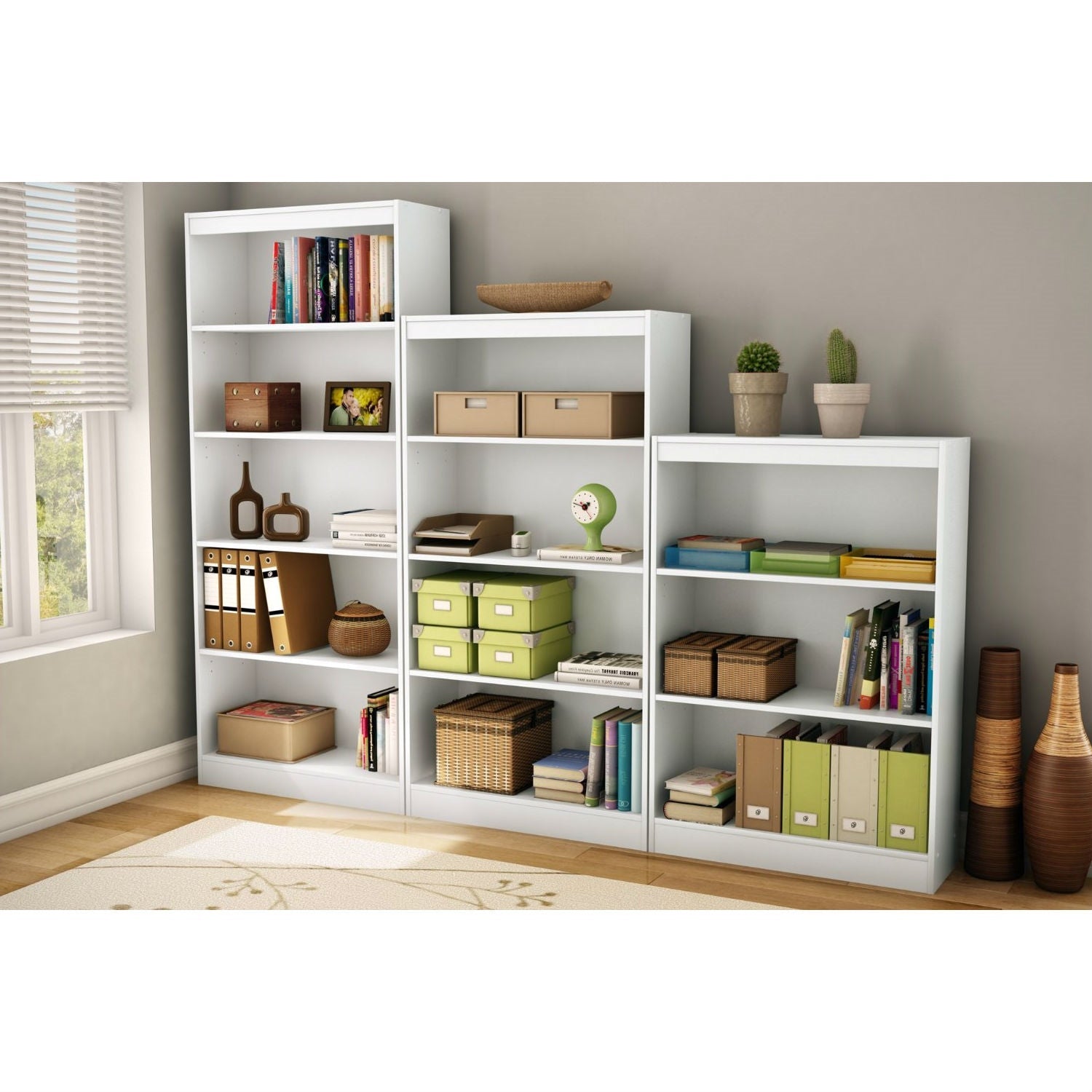 Living Room > Bookcases - White 4-Shelf Bookcase With 2 Adjustable Shelves