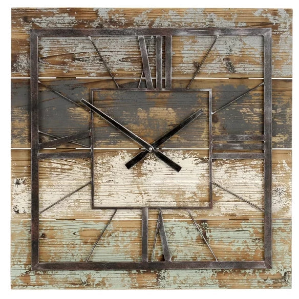 Accents > Clocks - Square 27.5-inch Wood And Metal Wall Clock Industrial Style