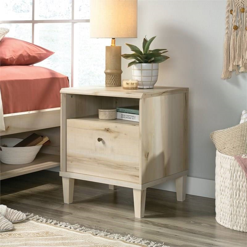 Bedroom > Nightstand And Dressers - Light Maple Wood Farmhouse Style 1-Drawer Nightstand With Open Shelf