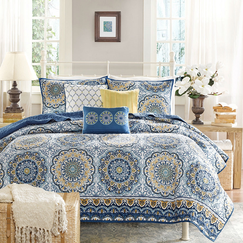 Bedroom > Quilts & Blankets - Queen Size 6-Piece Coverlet Quilt Set In Blue Floral Pattern