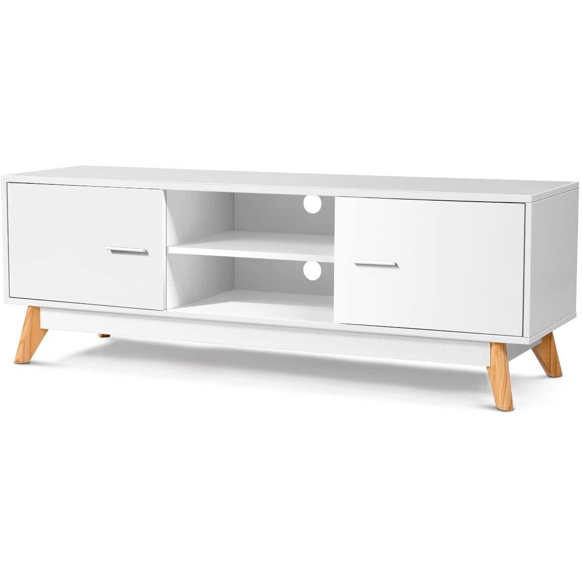 Living Room > TV Stands And Entertainment Centers - Modern 55-inch Solid Wood TV Stand In White Finish And Mid-Century Legs