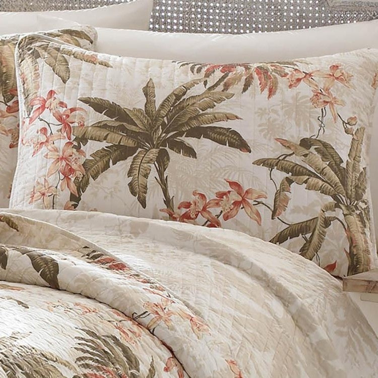 Bedroom > Quilts & Blankets - King Cotton Coastal Palm Tree Floral 3 Piece Reversible Quilt Set