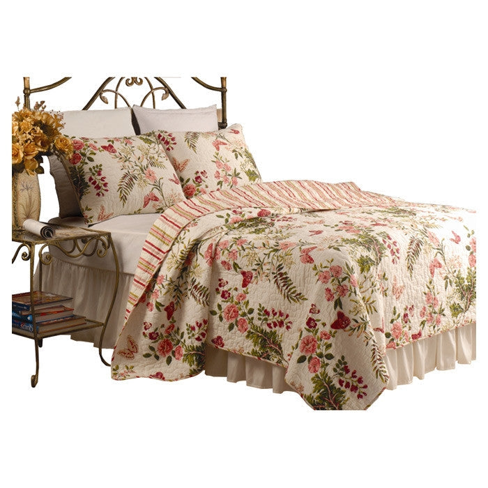 Bedroom > Quilts & Blankets - Twin Size 100% Cotton Quilt Set With Sham In Pink Floral Butterfly