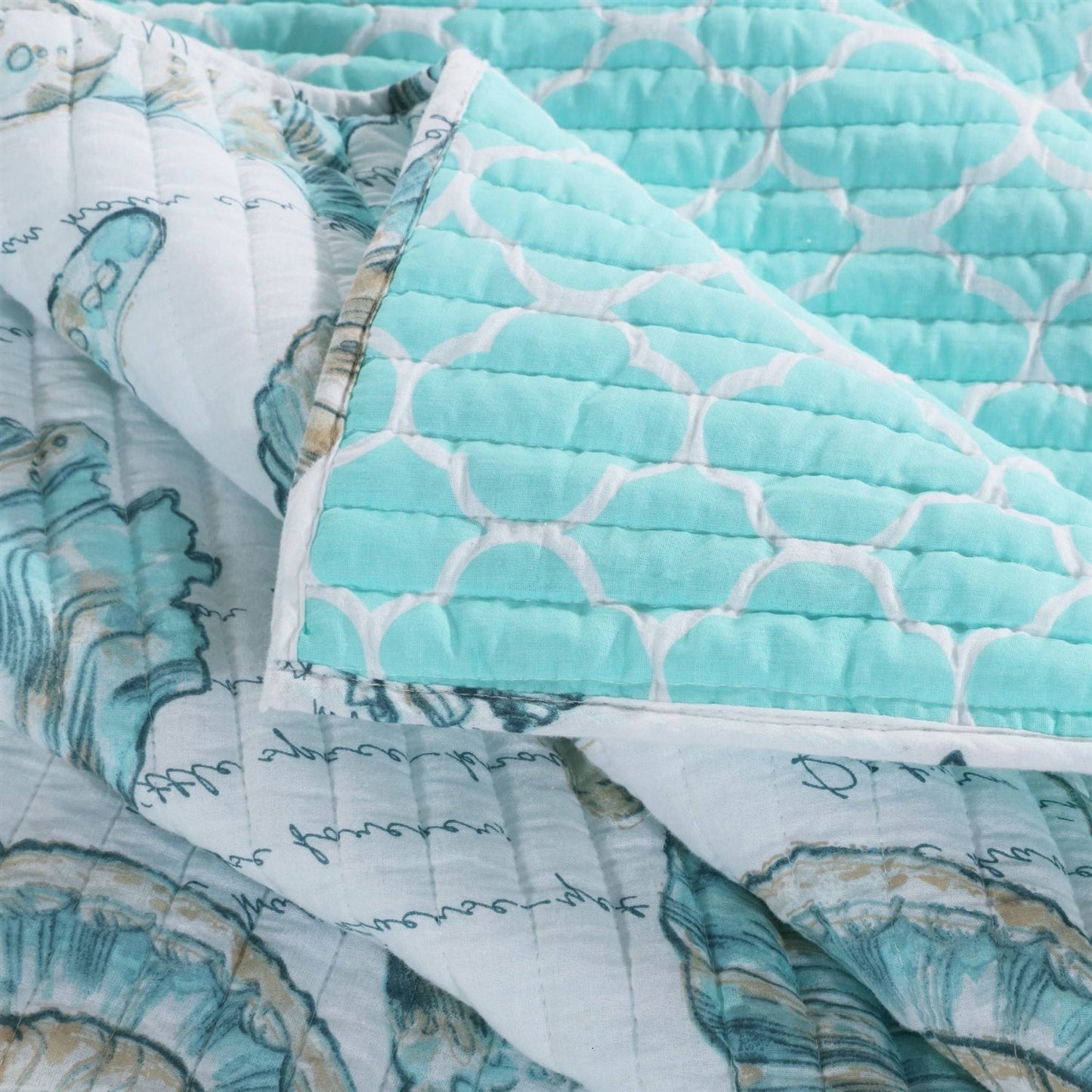 Bedroom > Quilts & Blankets - Twin Coastal Seashells White Teal 2 Piece Polyester Reversible Quilt Set