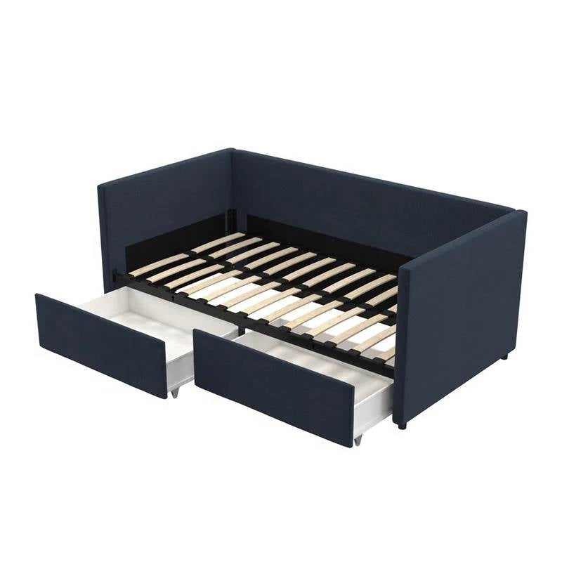 Bedroom > Bed Frames > Daybeds - Navy Blue Linen Upholstered Daybed With Pull-Out Storage Drawers