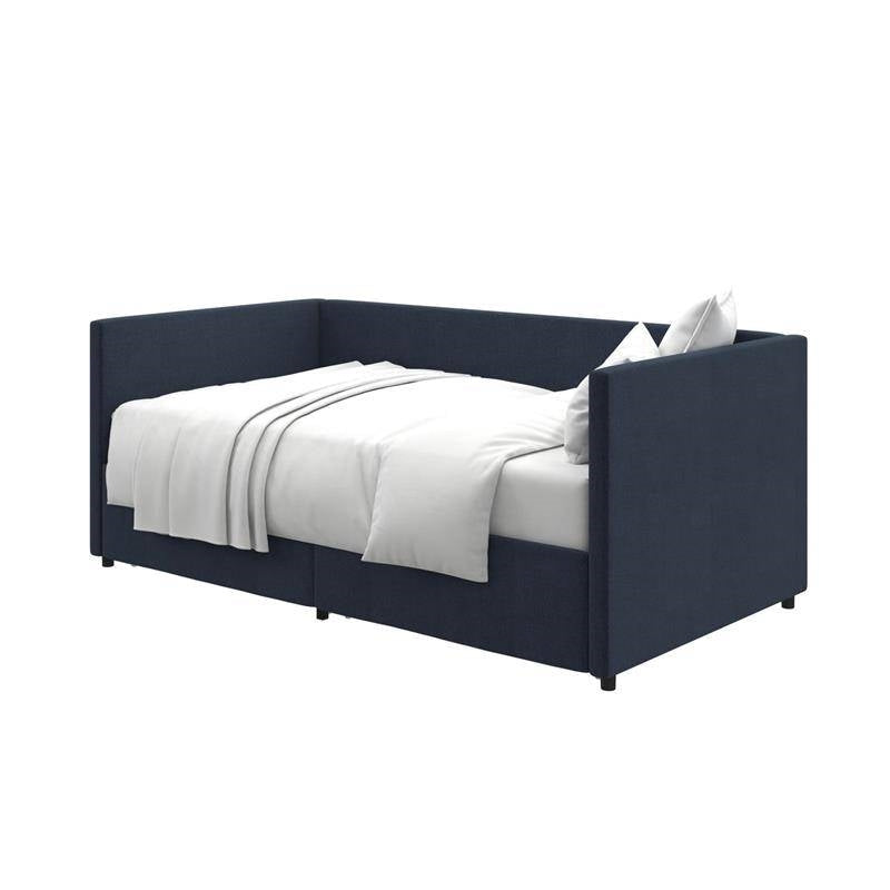 Bedroom > Bed Frames > Daybeds - Navy Blue Linen Upholstered Daybed With Pull-Out Storage Drawers