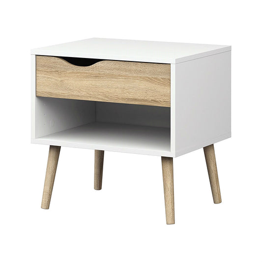 Bedroom > Nightstand And Dressers - Modern Mid Century Style End Table Nightstand In White & Oak Finish