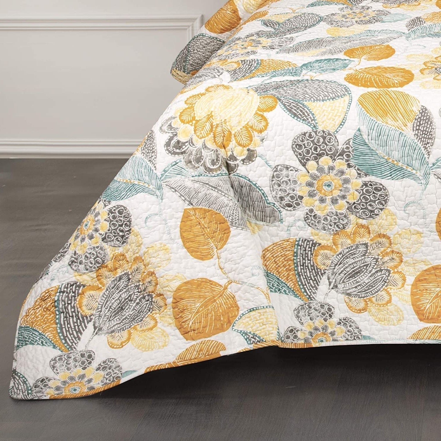 Bedroom > Quilts & Blankets - Full/Queen 3 Piece Reversible Yellow Grey Teal Floral Leaves Cotton Quilt Set