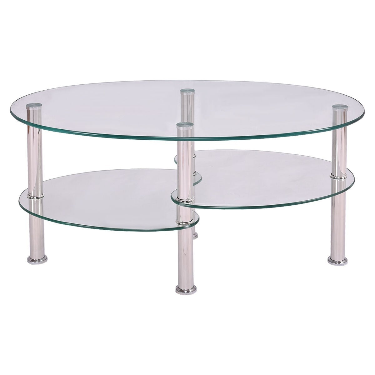 Living Room > Coffee Tables - Modern Oval Tempered Glass Coffee Table With Bottom Shelf