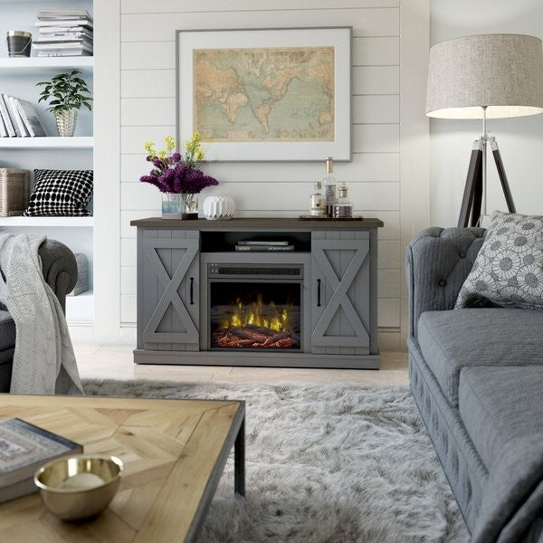 Living Room > TV Stands And Entertainment Centers - FarmHouse Rustic Grey/Espresso TV Entertainment Electric Fireplace