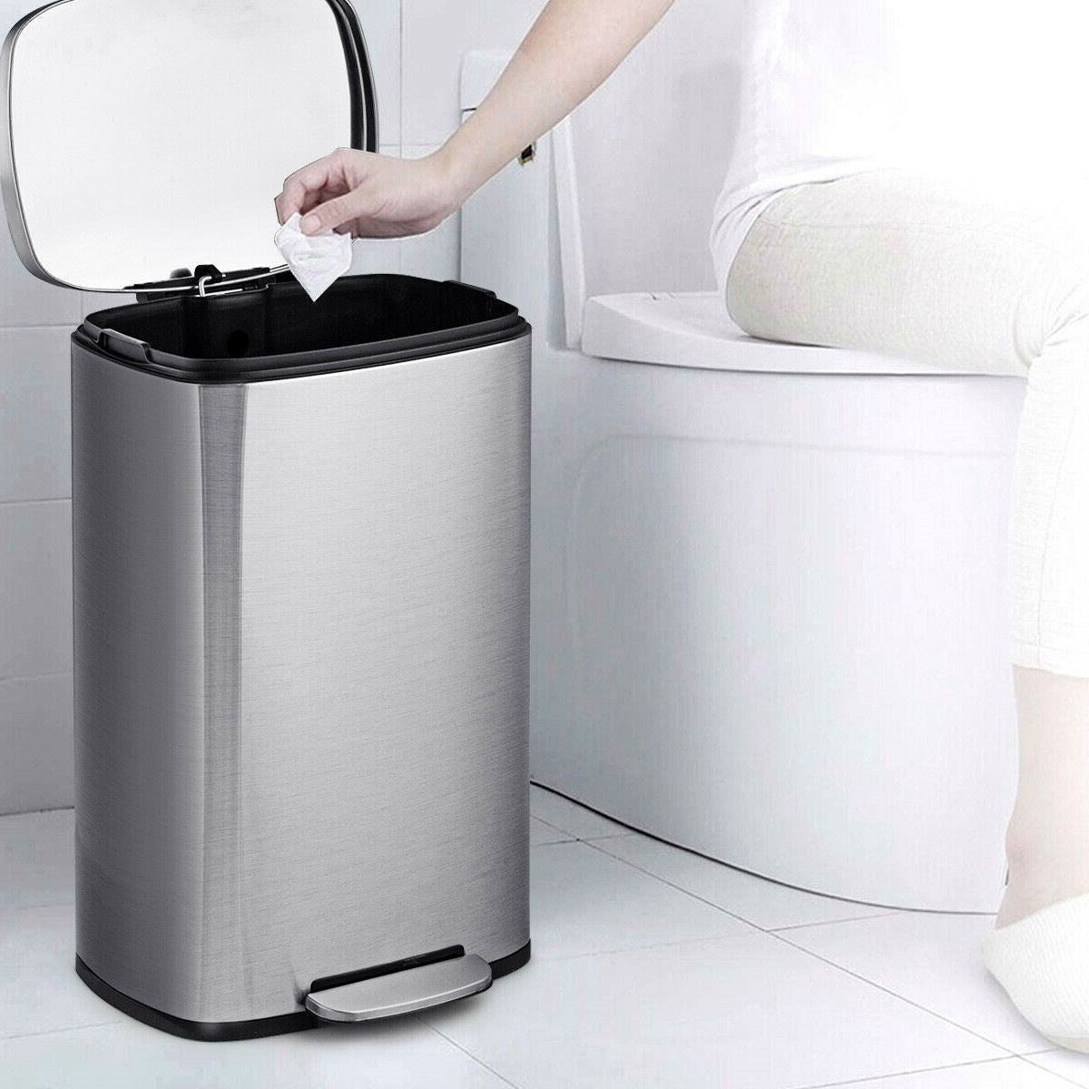 13-Gallon Modern Stainless Steel Kitchen Trash Can with Foot Step Pedal Design-Novel Home