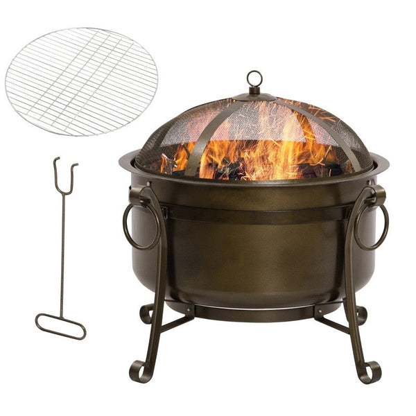 Outdoor > Outdoor Decor > Fire Pits - Outdoor Wood Burning Fire Pit Cauldron Style Steel Bowl W/ BBQ Grill, Log Poker, And Mesh Screen Lid