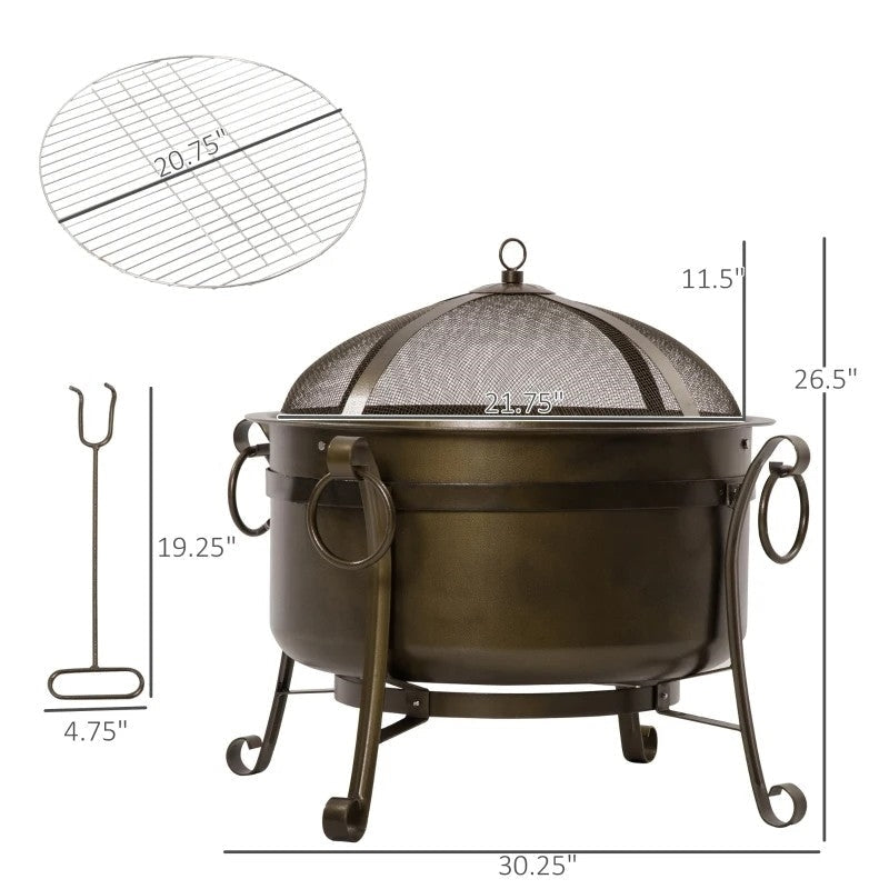 Outdoor > Outdoor Decor > Fire Pits - Outdoor Wood Burning Fire Pit Cauldron Style Steel Bowl W/ BBQ Grill, Log Poker, And Mesh Screen Lid