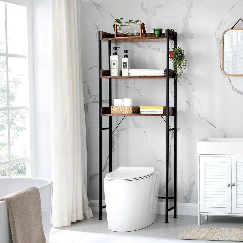 Bathroom > Bathroom Cabinets - Rustic Farmhouse 3 Tier Over The Toilet Metal Wood Storage Shelves Shelving Unit