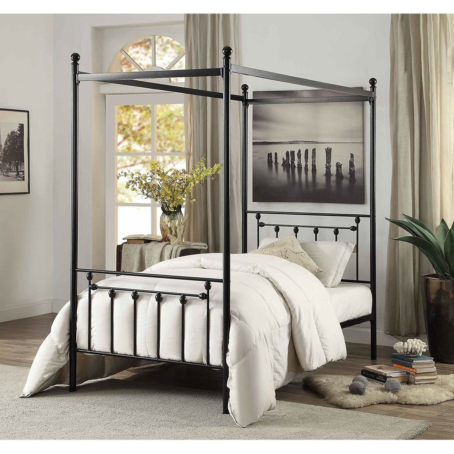 Bedroom > Bed Frames > Canopy Beds - Twin Size Sturdy Metal Canopy Bed Frame In Black Metal Finish