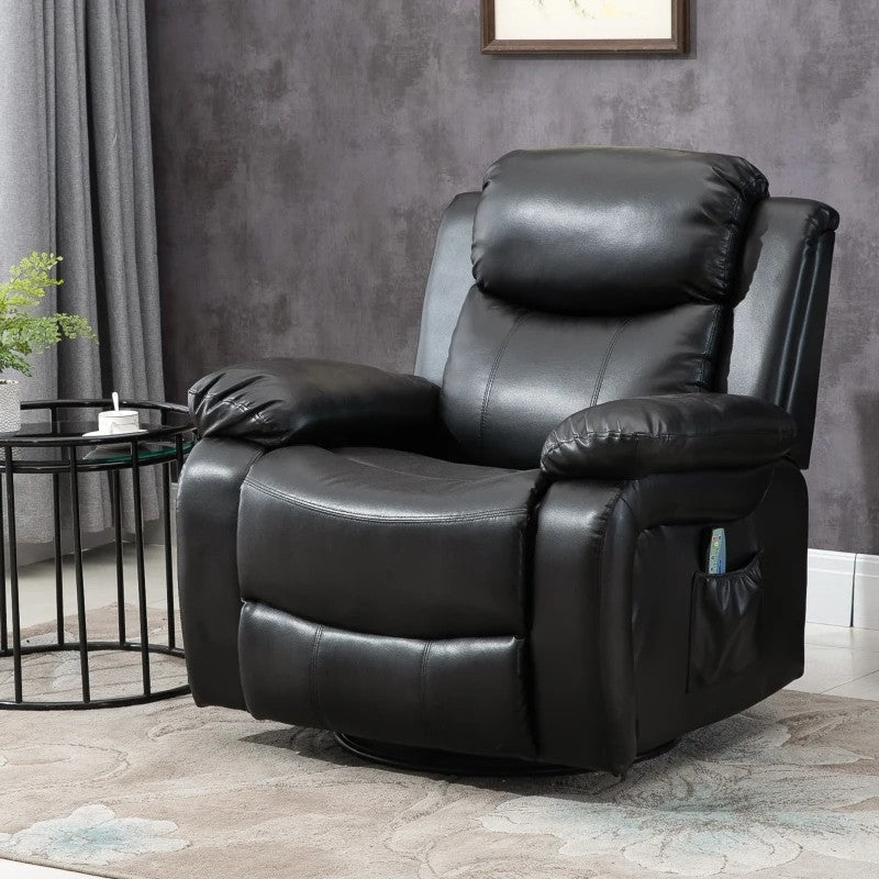Living Room > Recliners And Chaise Lounge - Adjustable Black Faux Leather Remote Massage Recliner Chair W/ Footrest