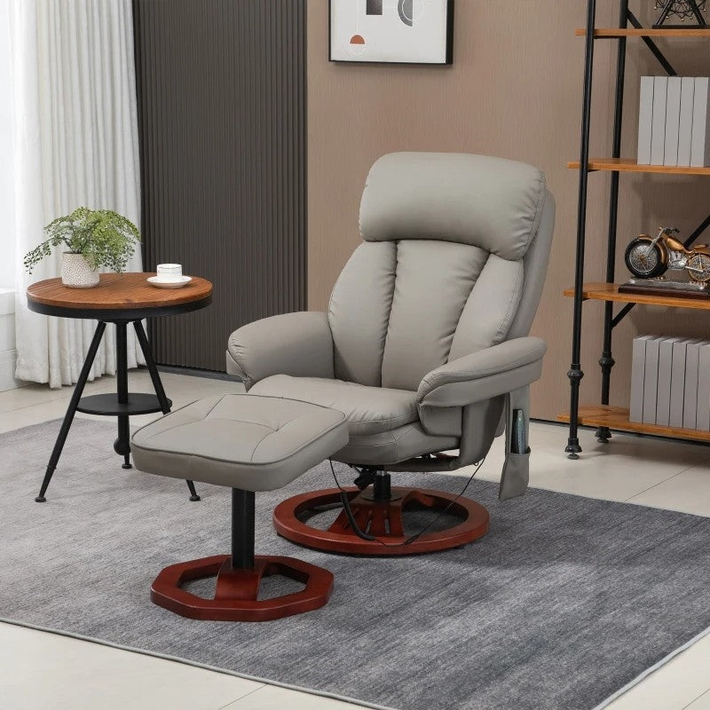 Living Room > Recliners And Chaise Lounge - Adjustable Grey Brown Faux Leather Electric Remote Massage Recliner Chair W/ Ottoman