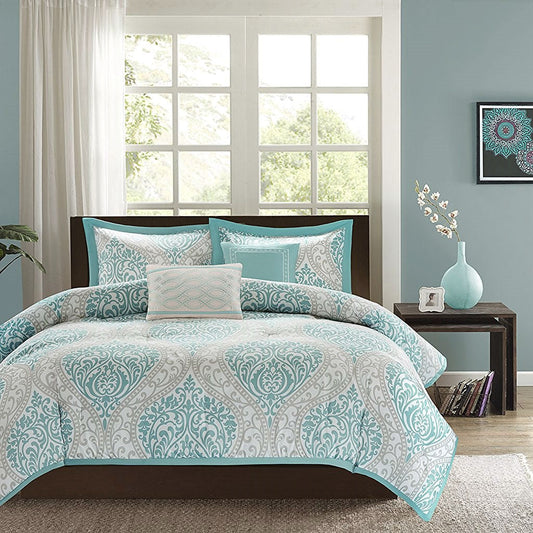 Bedroom > Comforters And Sets - Twin / Twin XL Comforter Set In Light Blue White Grey Damask Pattern